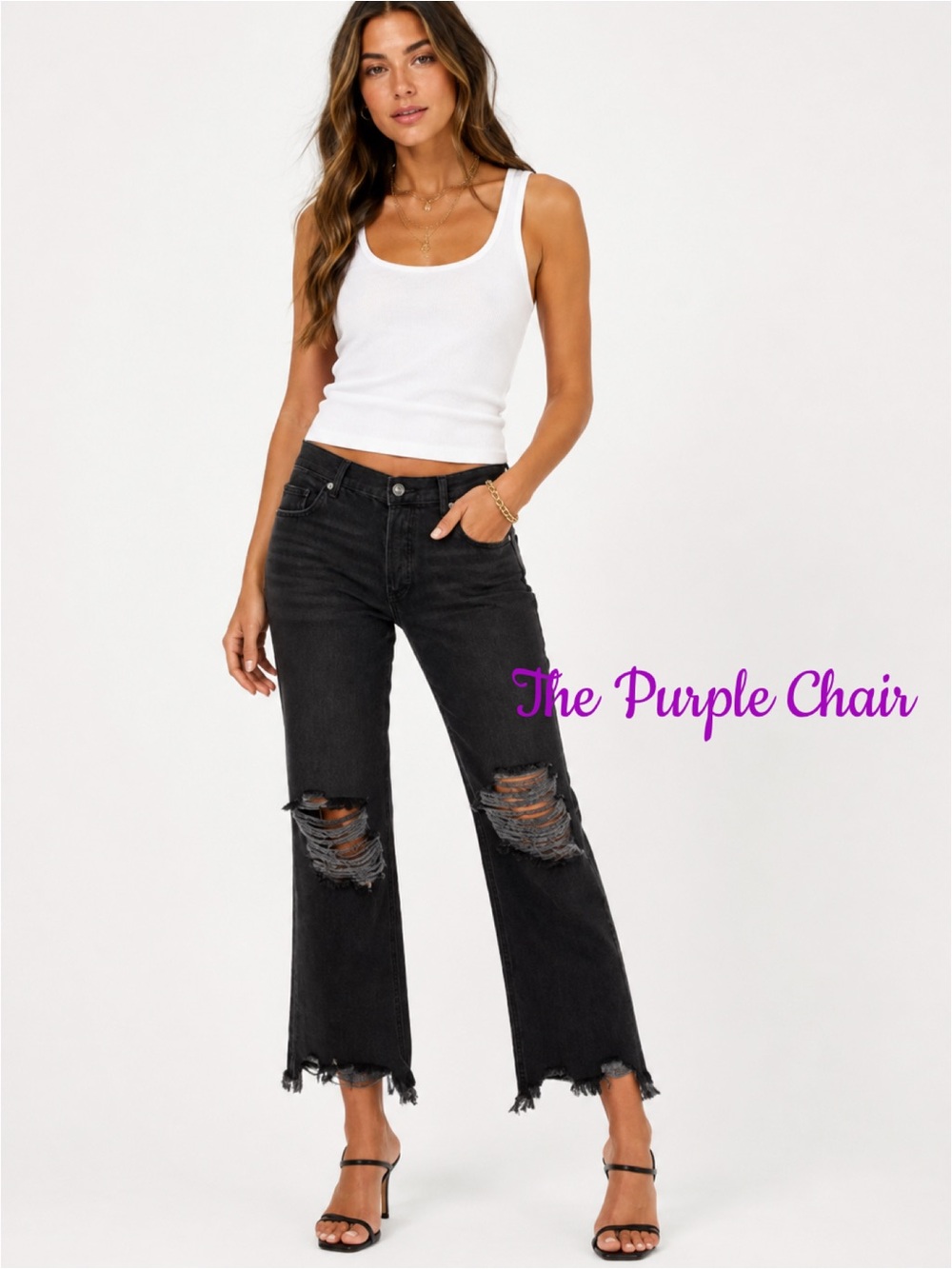 FREE PEOPLE NWT Black Hi-Rise Button Fly Distressed Straight Leg Raw Hem Jean 28